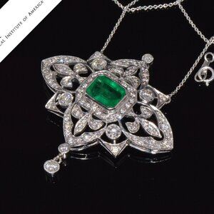 Vintage Art Deco GIA Natural Diamond Emerald 18K Solid Gold Platinum Necklace